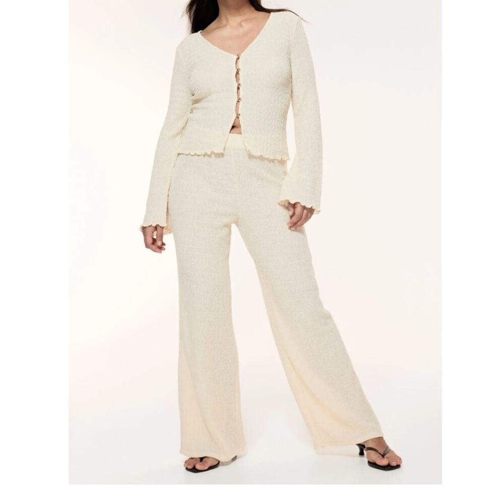 H&M Textured Jersey Long Sleeve Top Wide Leg Pant Set Women's L / XL Cream